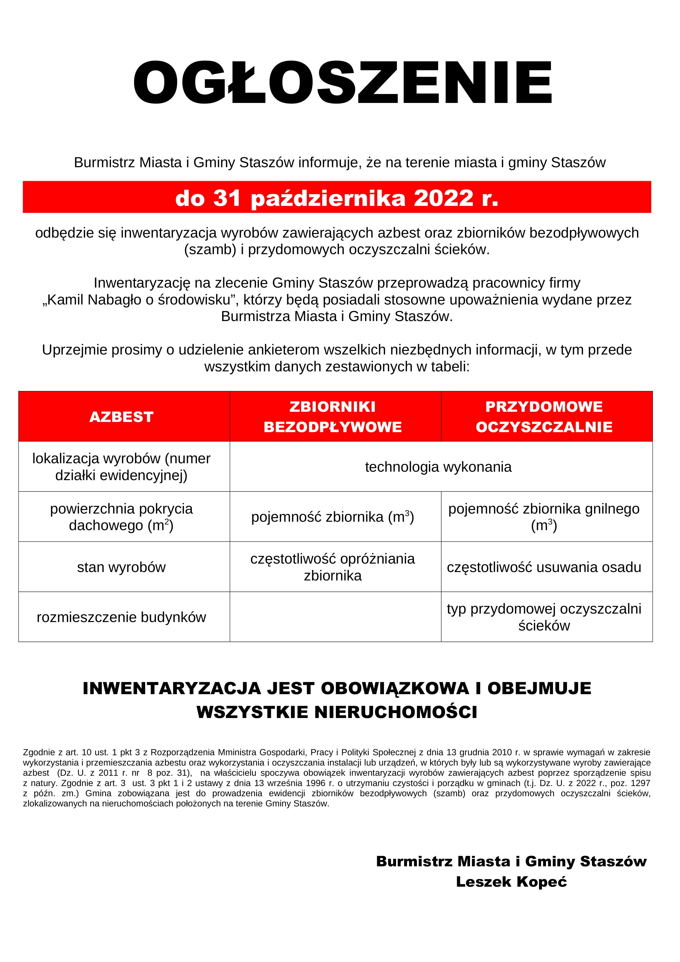 Burmistrz Miasta i Gminy Staszów informuje, że na terenie miasta i gminy Staszów do 31 października 2022 r. odbędzie się inwentaryzacja wyrobów zawierających azbest oraz zbiorników bezodpływowych (szamb) i przydomowych oczyszczalni ścieków.